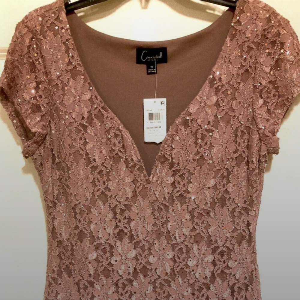 Rose Sequined Mother of Bride/Groom Sheath Column Dress V-Neck Sz 10 - Picture 2 of 12